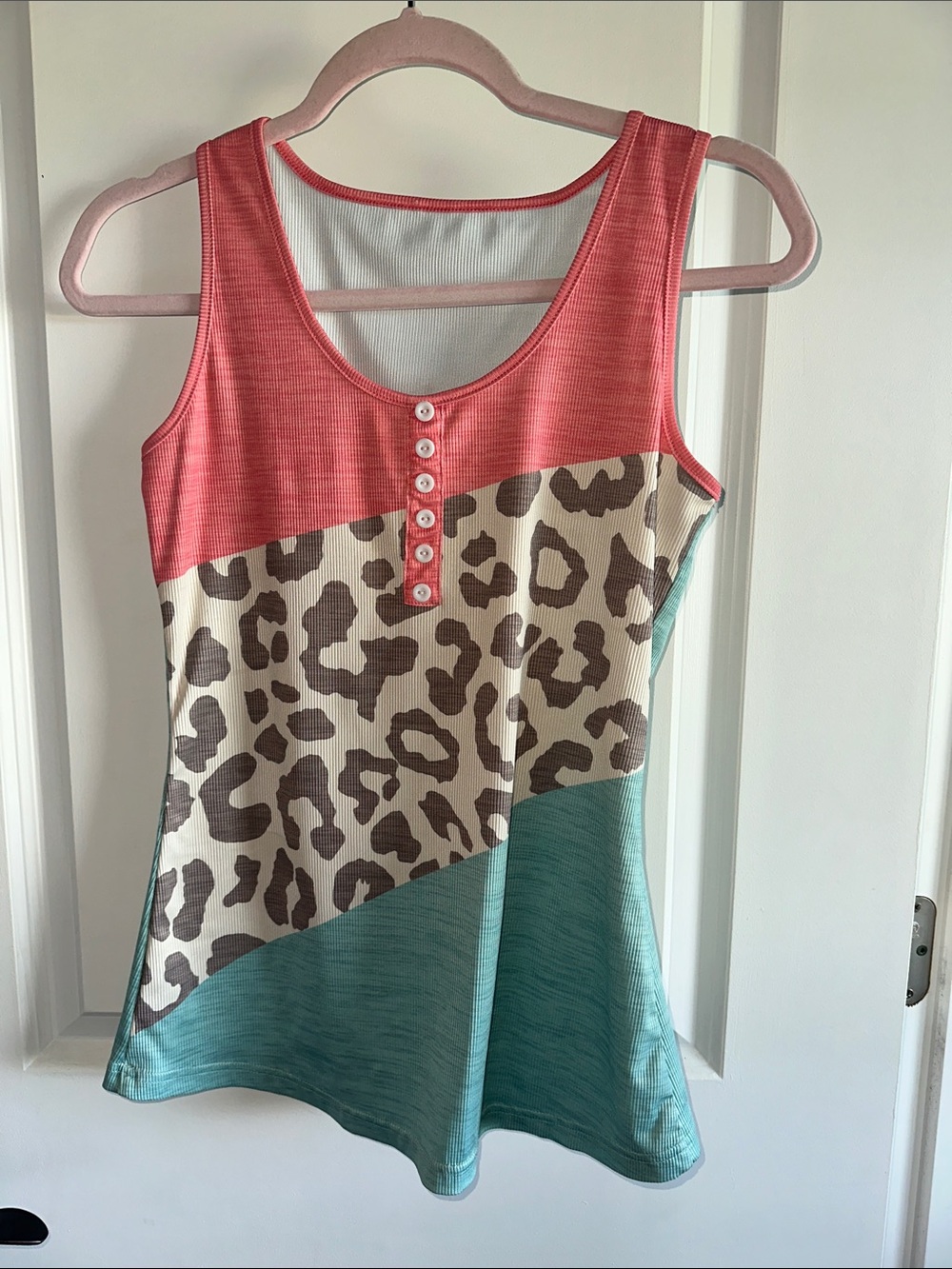 Coral, Taupe & Teal Colorblock Leopard Tank Top with Button Placket